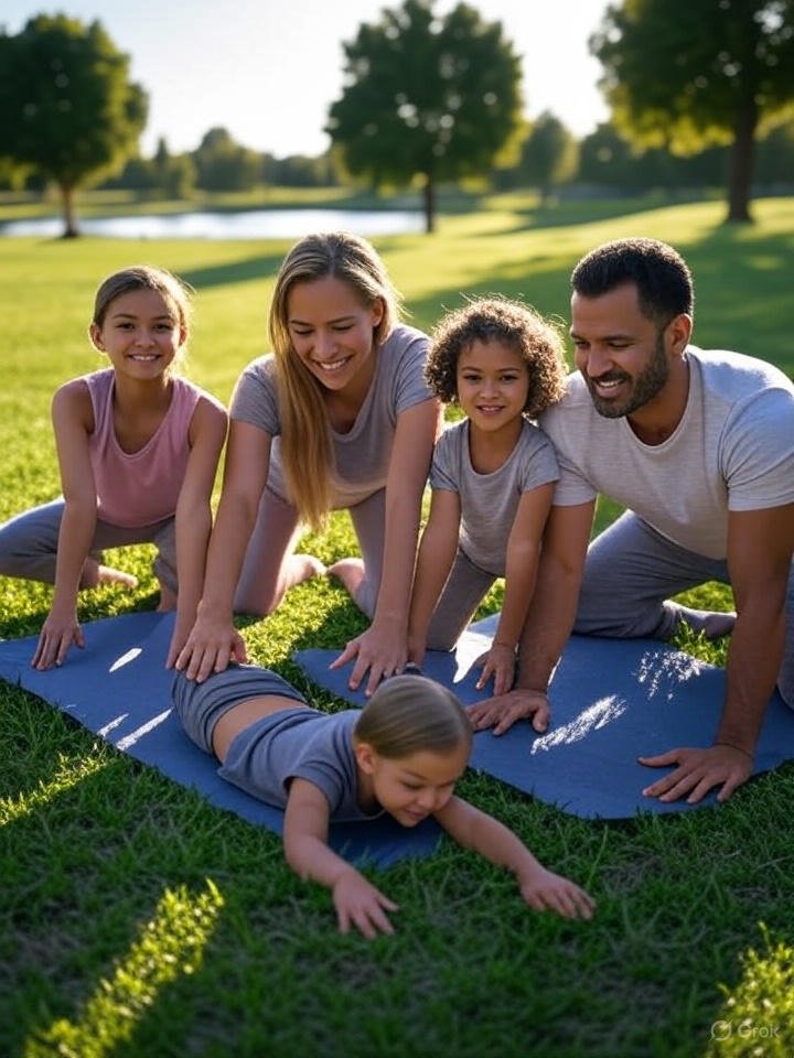 A joyful family playing outdoors in a grassy field with soft daylight, a child crawling on a yoga mat while parents and siblings assist.