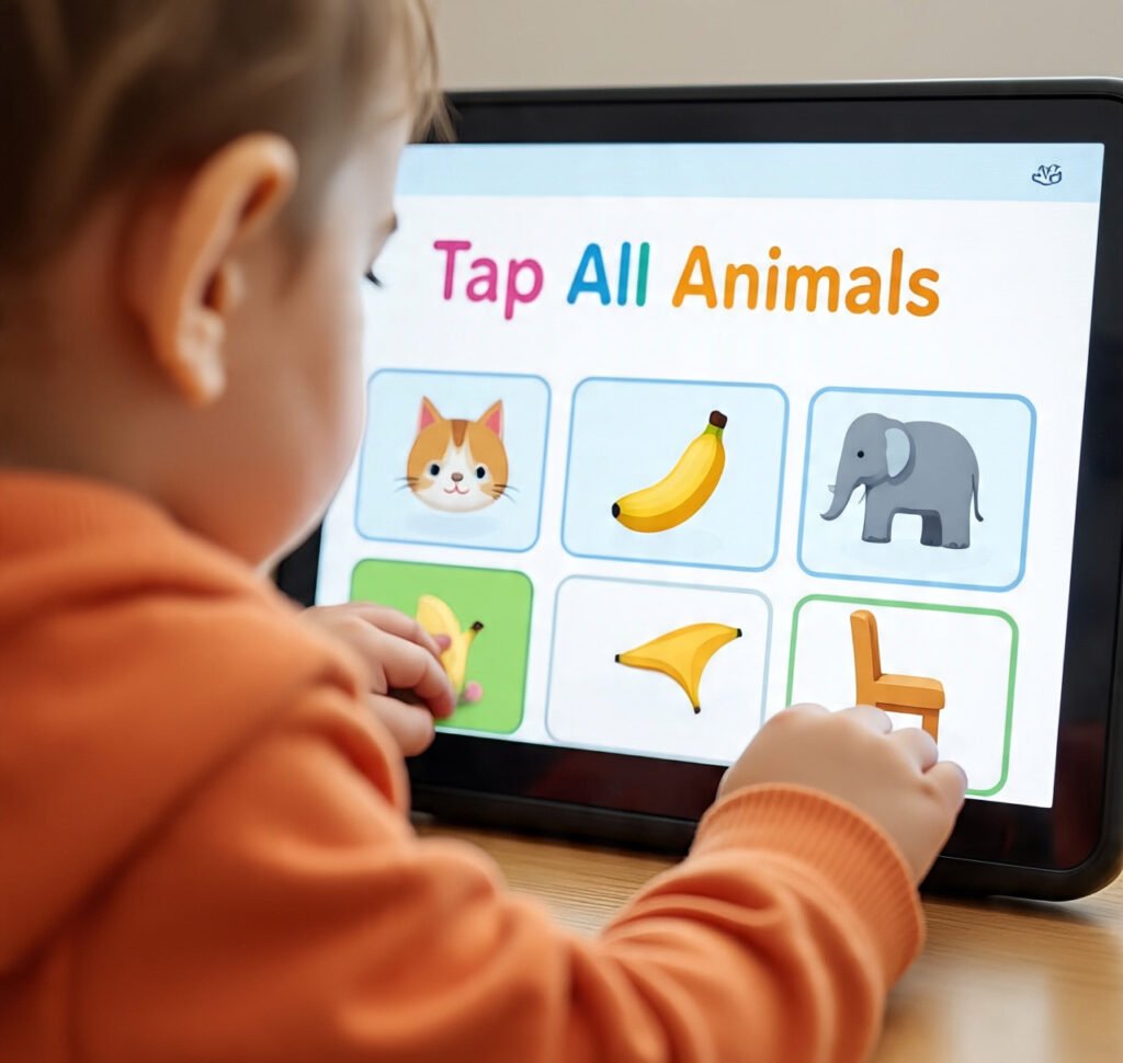 1st class child struggles to group similar items in a category game