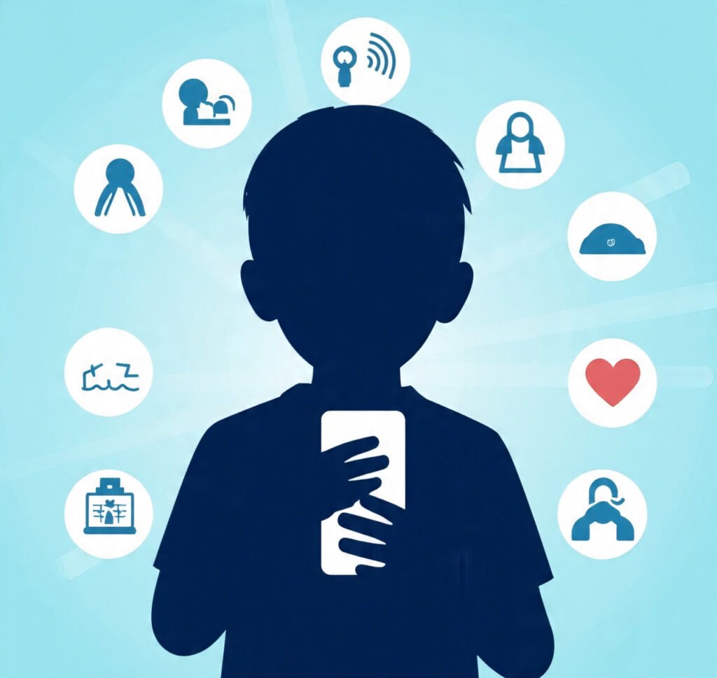 Signs of excessive screen time illustrated around a child using a phone