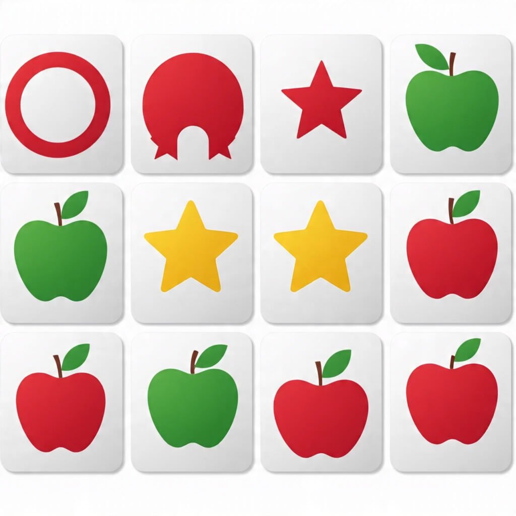 Memory game tiles with apples, stars, and shapes designed for mid-level learners.