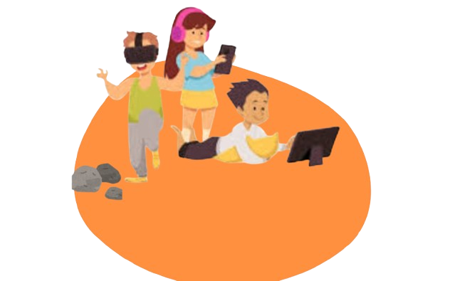 Illustration of three children absorbed in digital devices—one using a VR headset, another with headphones and a mobile phone, and a third lying on the floor using a tablet—highlighting mobile addiction in kids.