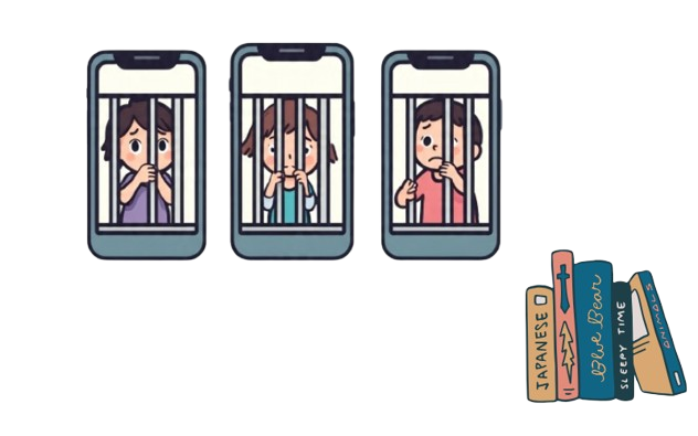 Three children inside smartphones with cage bars; one child is trying to break free, symbolizing mobile addiction in children.