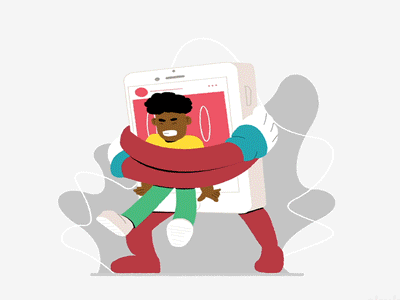 A cartoon mobile phone hugging a sad child tightly, symbolizing screen addiction in children.