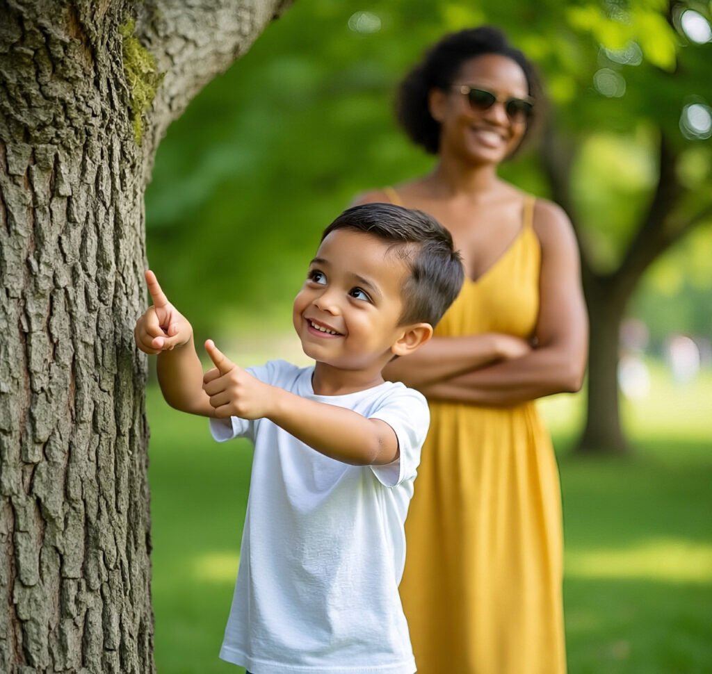 Child pointing at nature details in a park, showing increased observation skills.