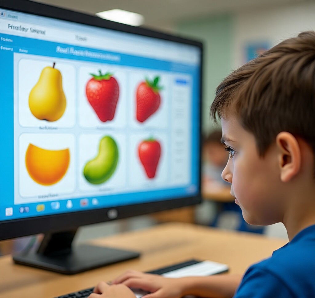 Child repeating the same mistake while playing Find the Picture for 1st Class game, revealing learning struggles.
