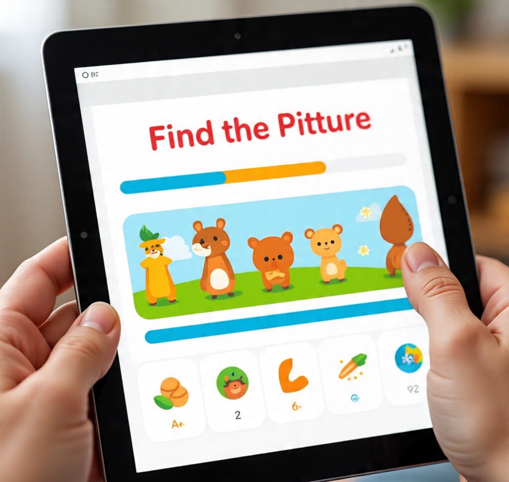 Tablet showing a picture game app with progress dashboard for kids.