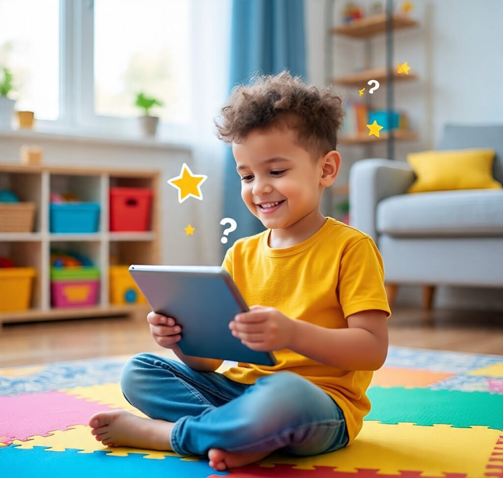 Child actively playing an educational game on a tablet