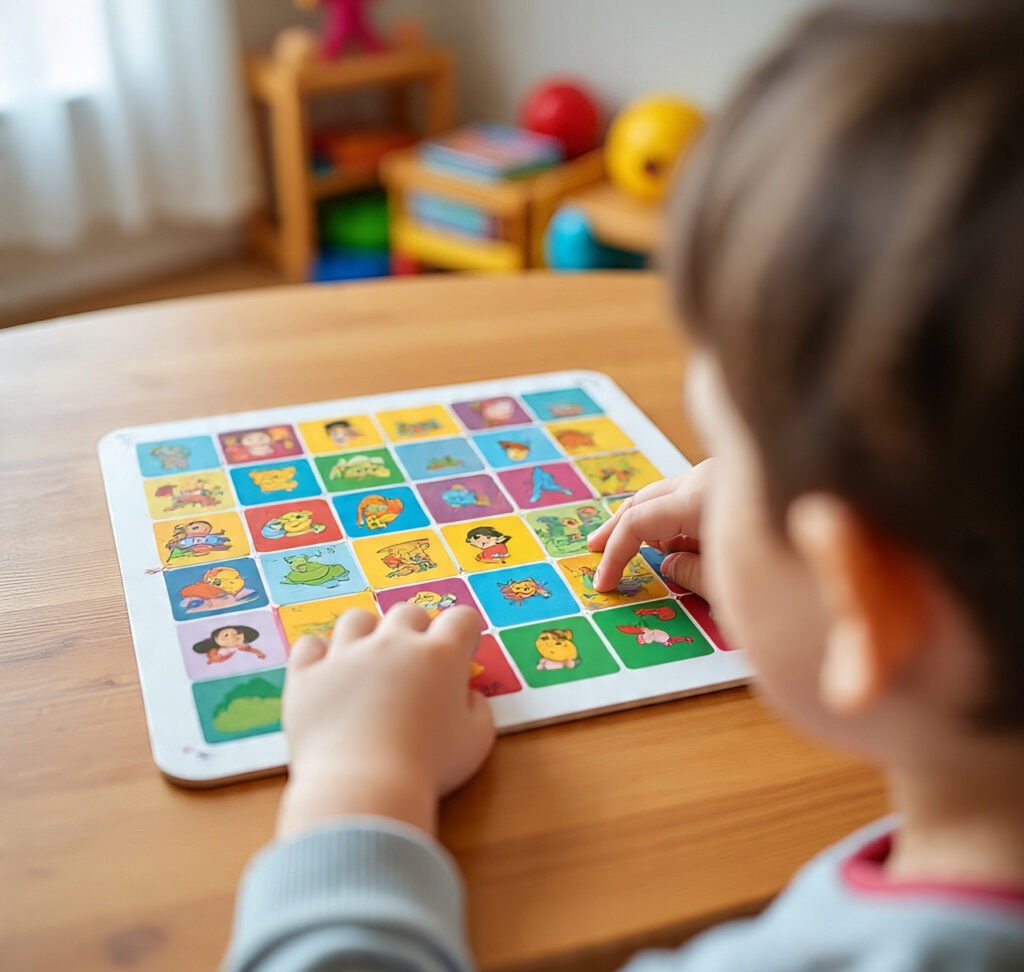 Child showing spatial confusion in a tile-matching grid game