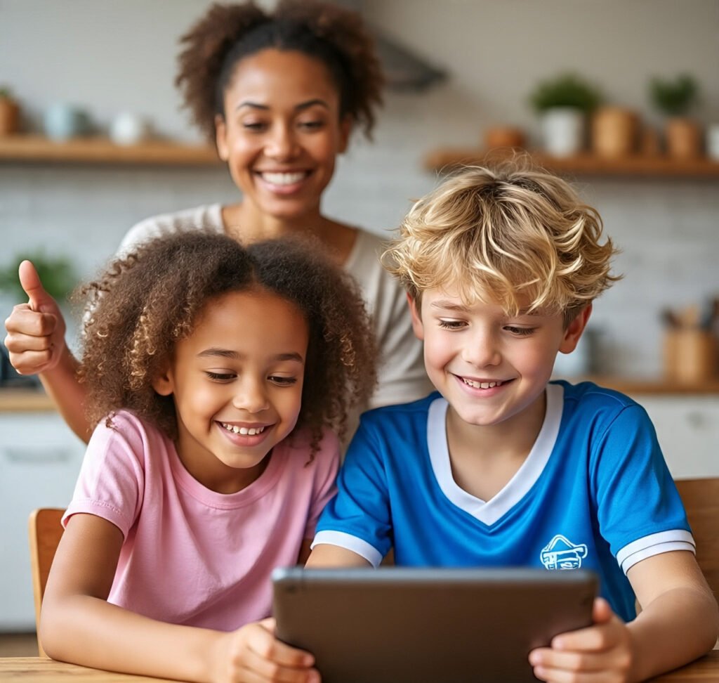 Kids happily learning on devices while mom watches supportively
