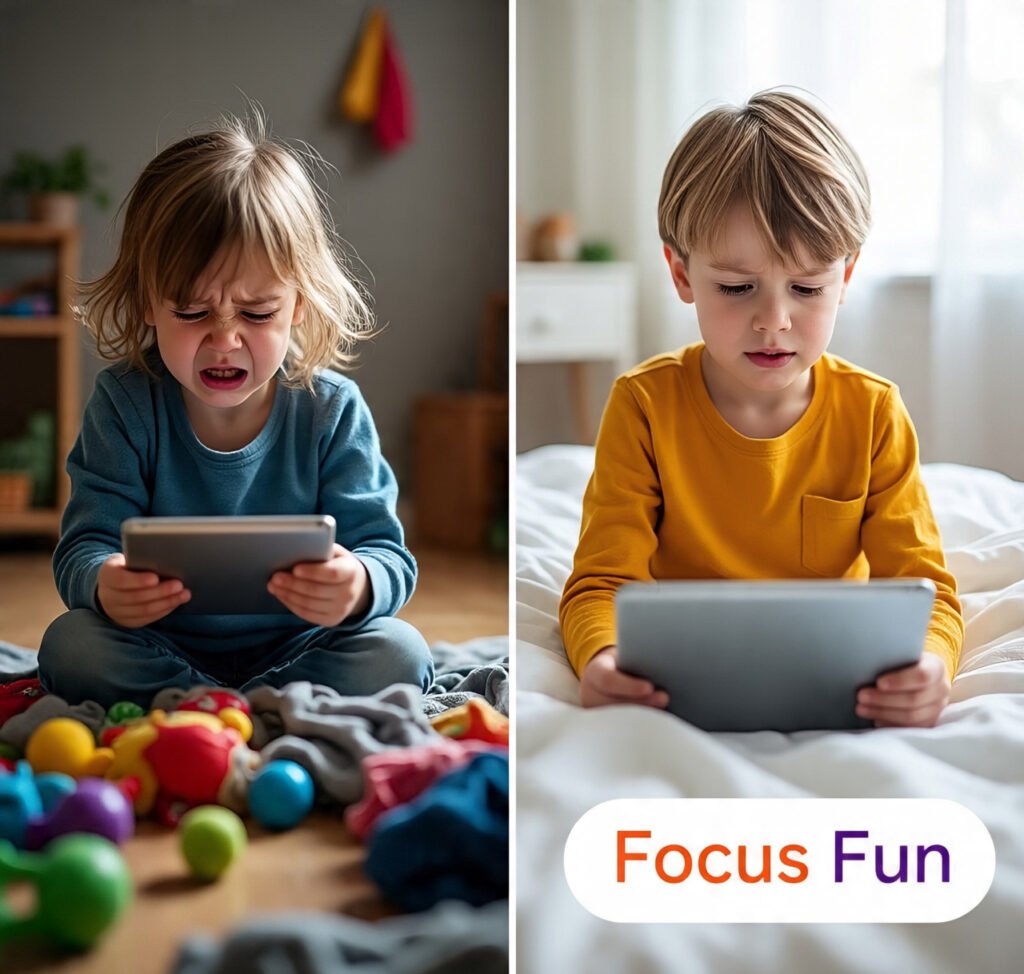 Before and after using Focus Fun for screen routine: chaos vs calm.