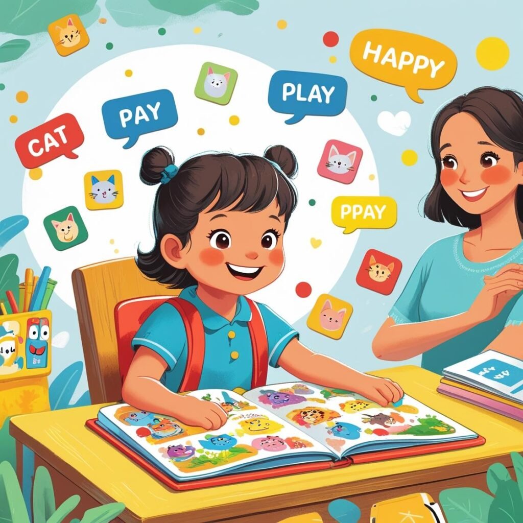 Class 3 child learning English with books, flashcards, and supportive parent in a fun way