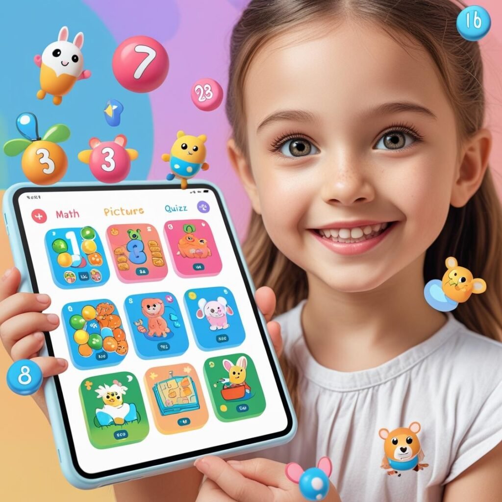 Child holding tablet with FocusFun educational games interface