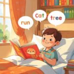 Class 3 child happily reading a storybook aloud with parent support in a cozy room.