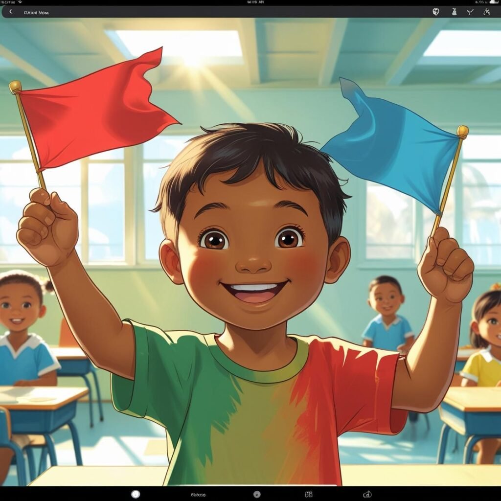 Class 1 child learning colors with flag vocabulary game.