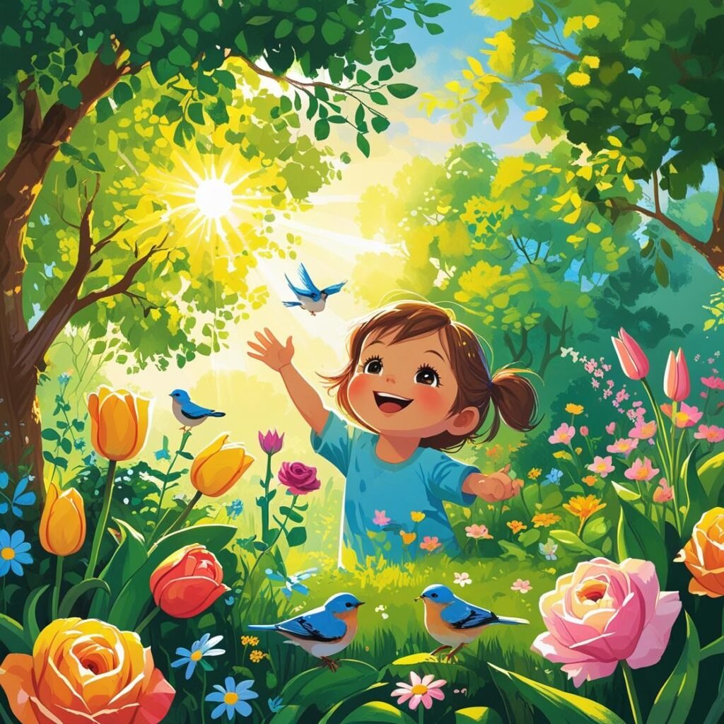 Child reciting the poem “Good Morning” in a natural setting.