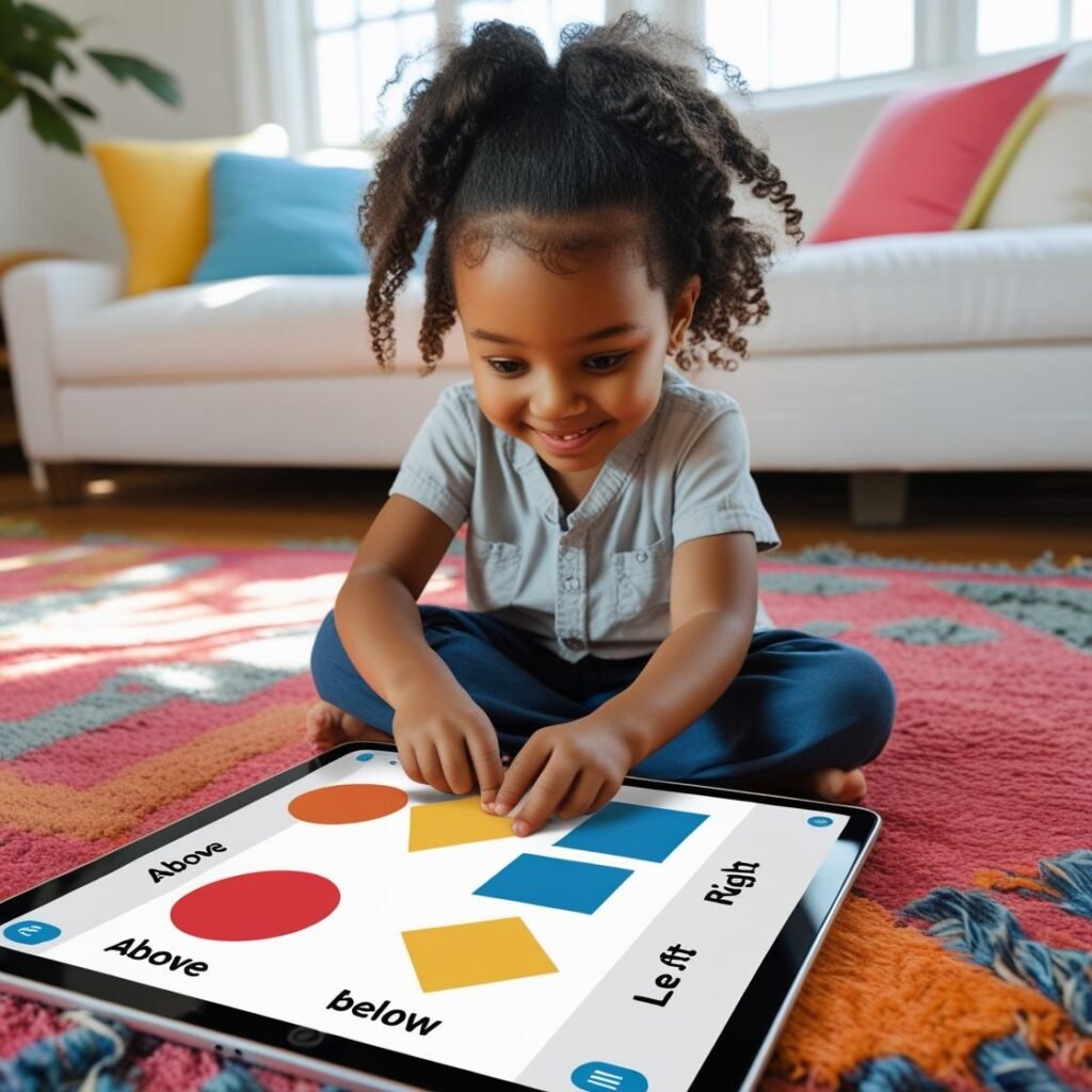 Child learning shapes and prepositions with connect shape game.