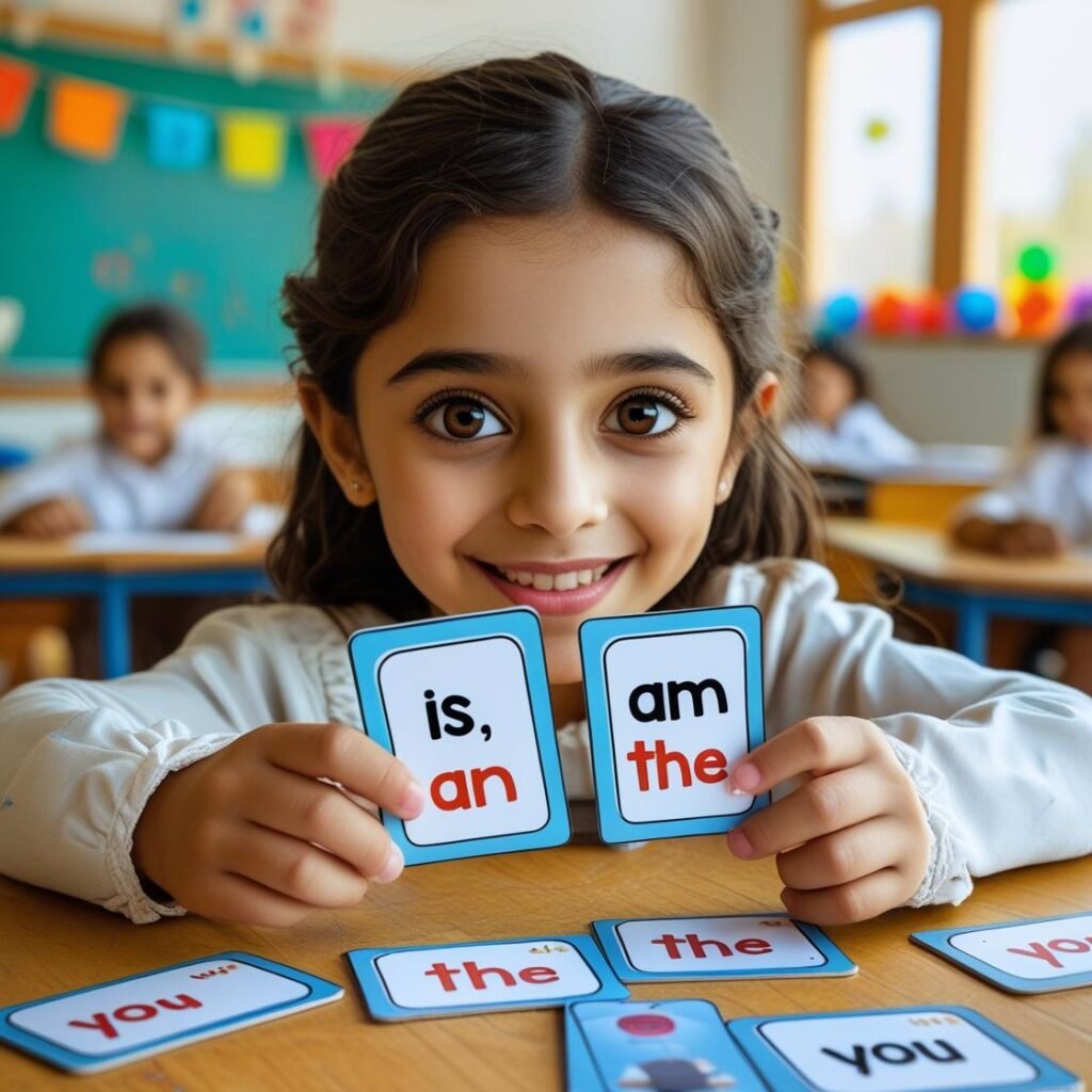 "Child boosting memory skills with vocabulary learning game.