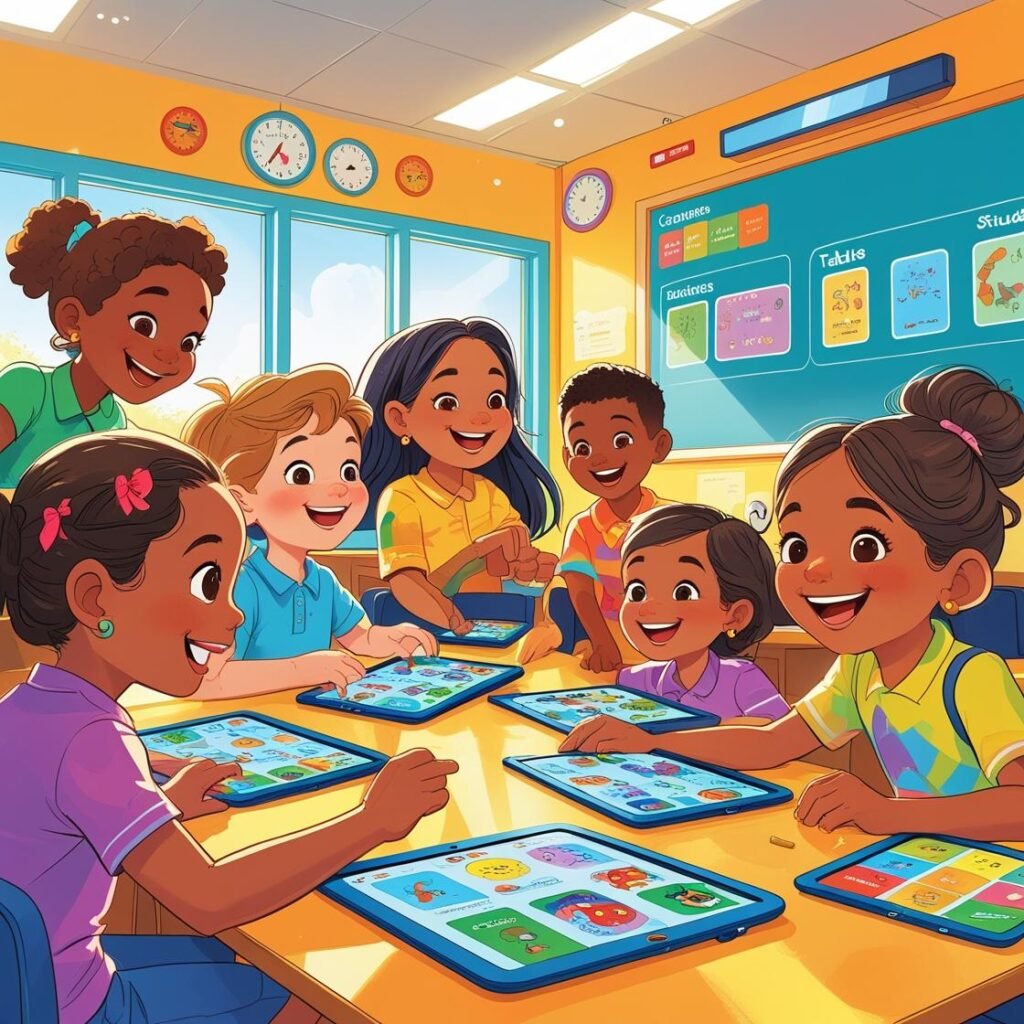 Kids in Class 1 to 3 playing fun learning games in a classroom.