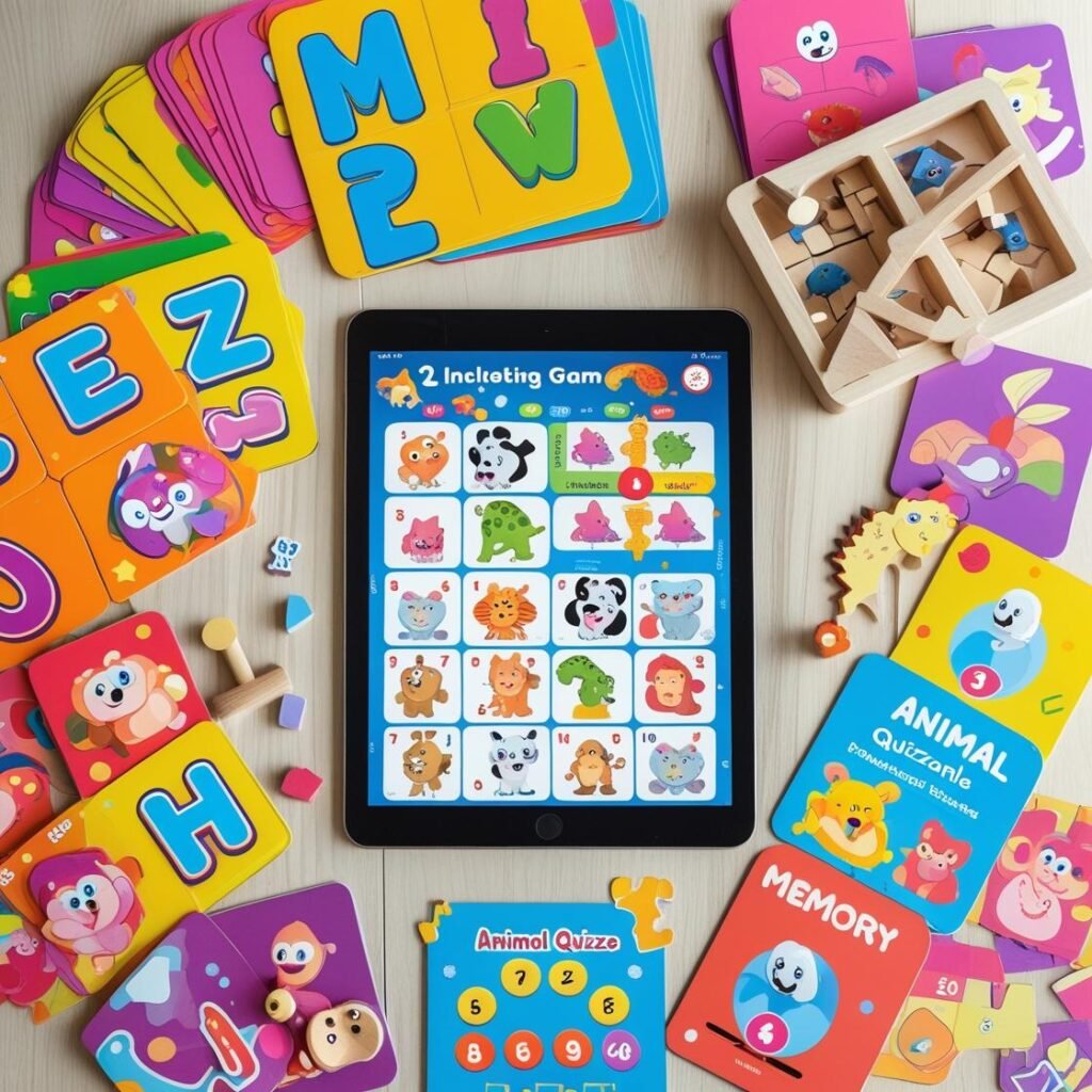 Variety of educational games for kids including puzzles, quizzes, and flashcards