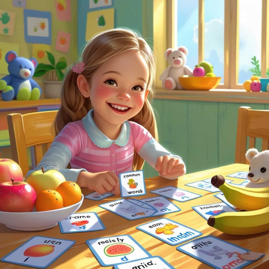 Class 1 student enjoying vocabulary learning with flashcards.