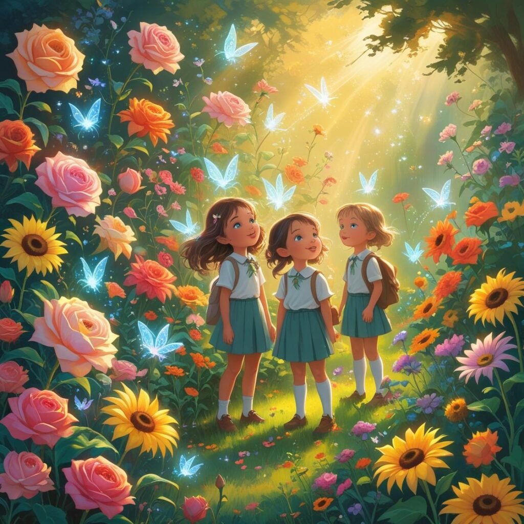 A magical school garden filled with colorful flowers and glowing fairies, with children looking amazed.
