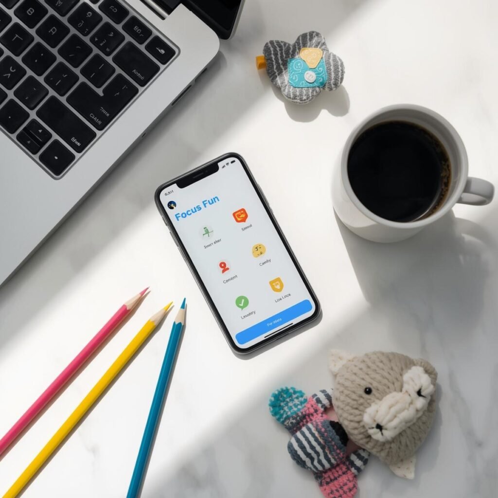 Smartphone showcasing Focus Fun parental control app with screen mirroring, smart alerts, content security, and live location features, surrounded by parenting essentials.