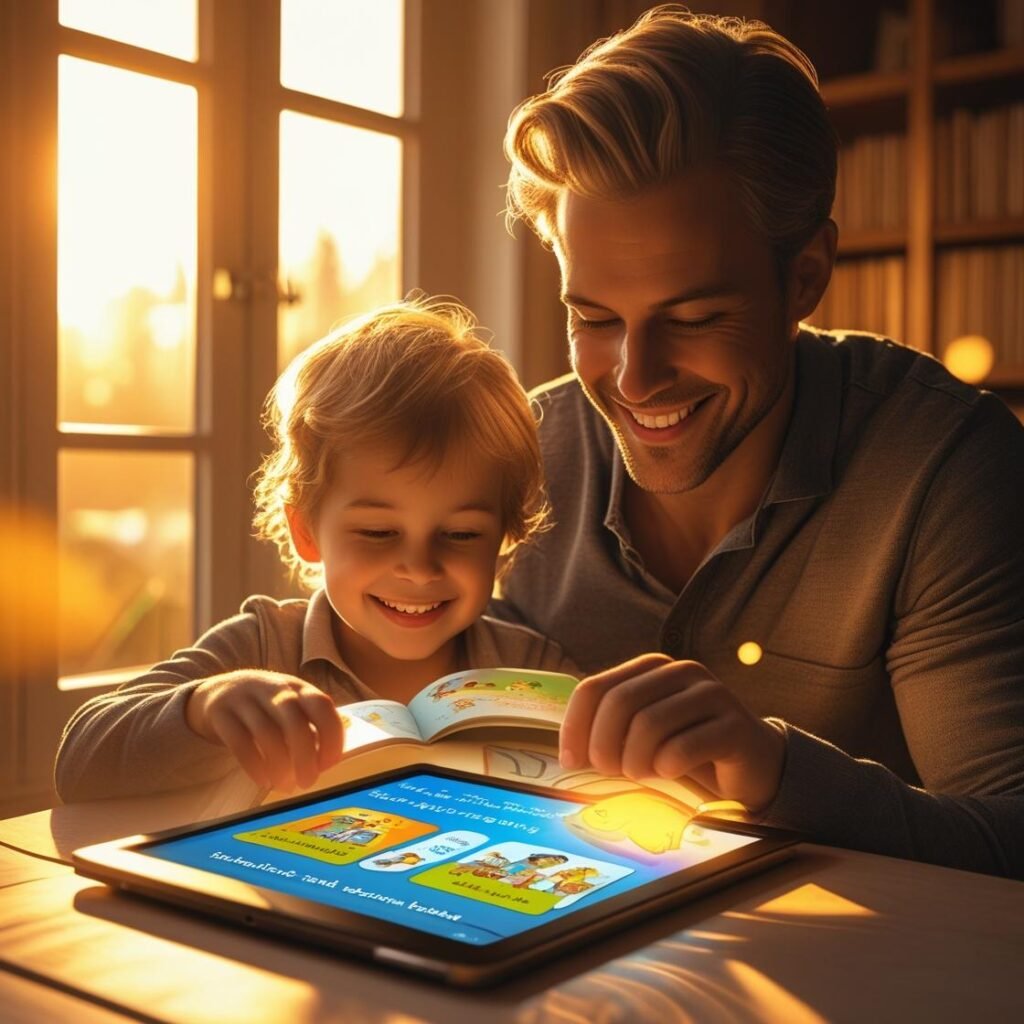 Parent helping child learn Class 3 English at home.