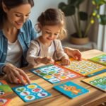 Parent helping child improve vocabulary memory through games.