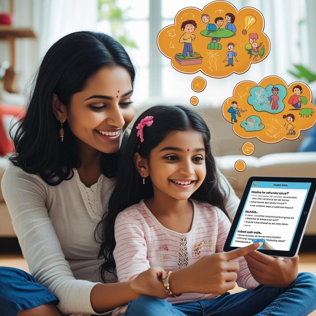 Parent guiding child during an educational game session
