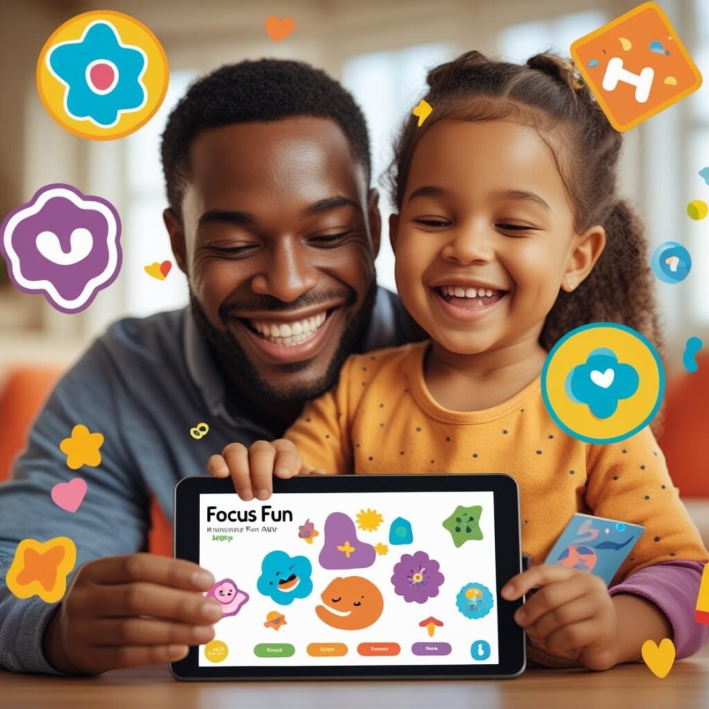 Parent and child enjoying vocabulary learning with Focus Fun app.