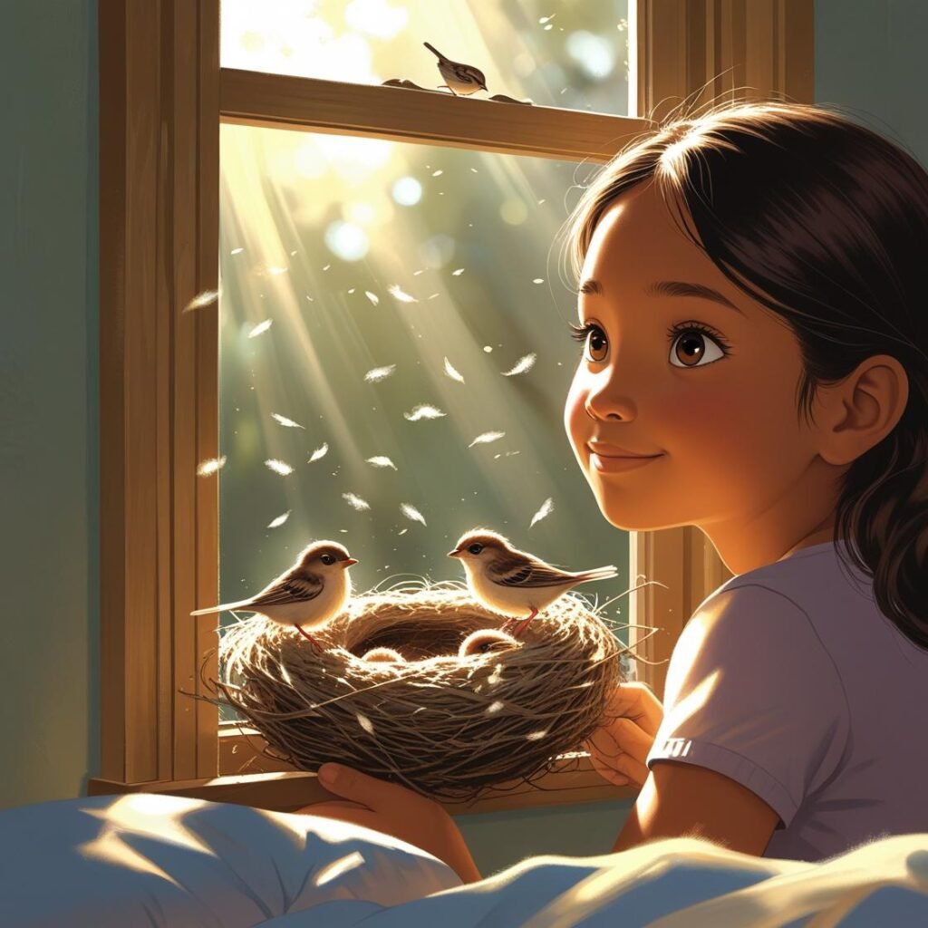 Nina caring for baby sparrows in her room.