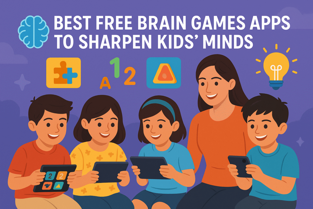 Happy children playing educational brain games on tablets with a parent nearby, surrounded by colorful learning icons like puzzles, numbers, and lightbulbs.