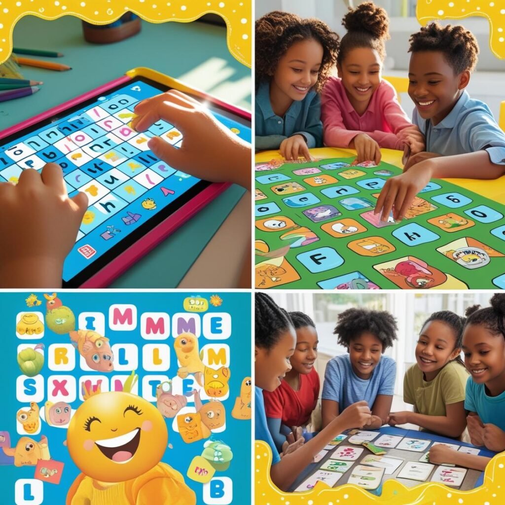 Educational game collage showing math puzzles, word games, and riddles for kids.