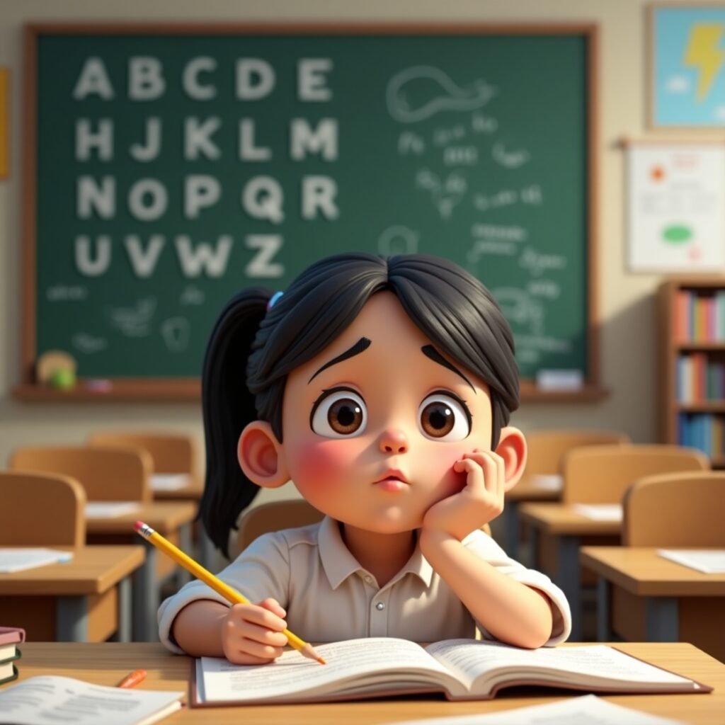 Bored child with Class 1 English books in classroom