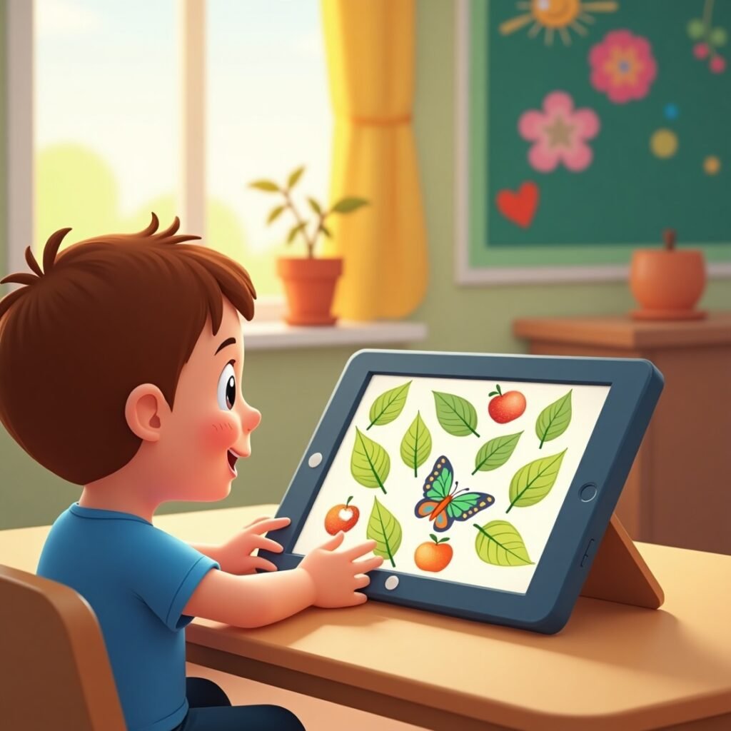1st-grade child playing “Find the Picture” game on a tablet, spotting hidden objects like a butterfly wing, apple, and ball in a colorful classroom, 3D cute cartoon style.