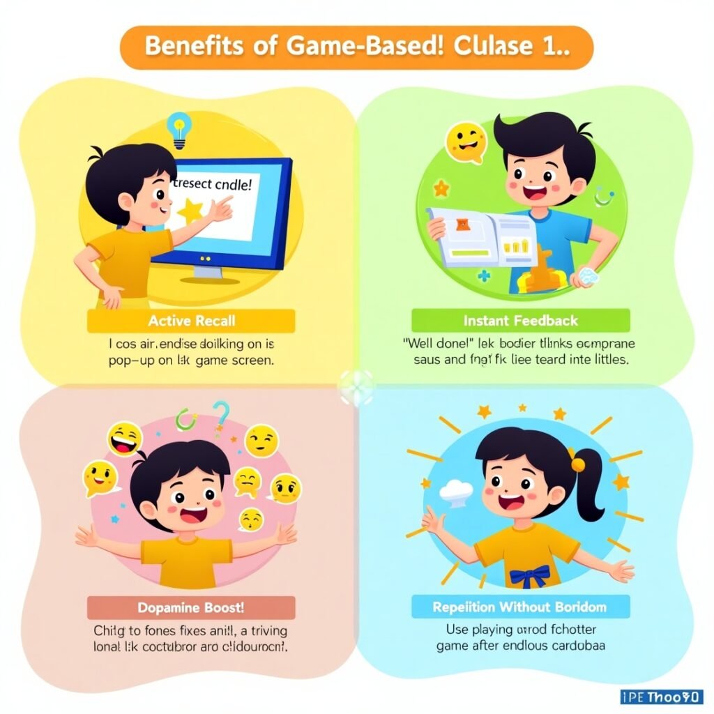 Infographic showing 4 benefits of game-based Class 1 English learning: Active Recall, Instant Feedback, Dopamine Boost, and Repetition