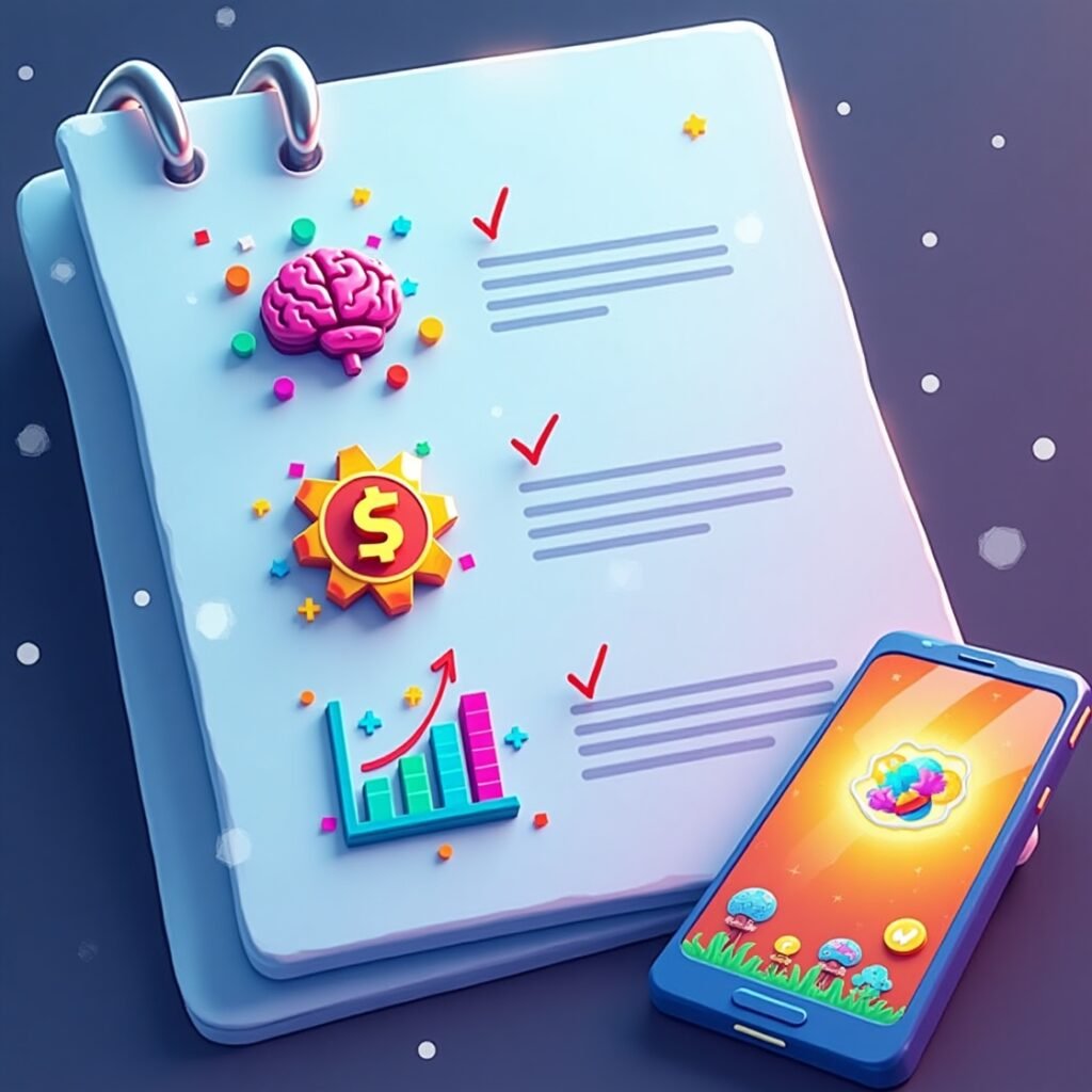 Checklist showing features of a good brain game app for kids.
