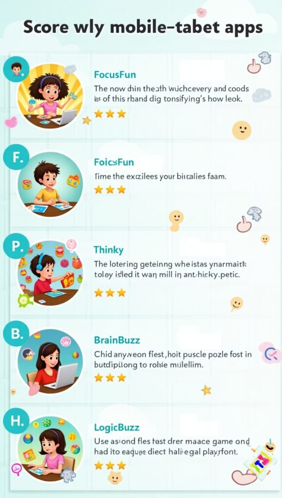Illustrated carousel showing kids using top-rated free brain games apps with fun features and ratings.