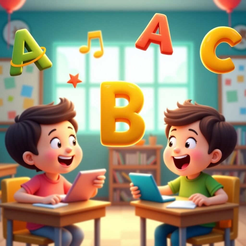 Colorful 3D cute cartoon classroom banner with 1st-grade kids laughing while learning ABCs, featuring playful letter characters A, B, and C in a joyful learning scene.