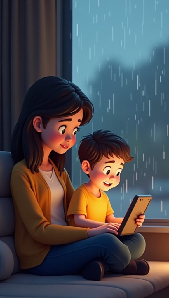 Mother watching child use mobile indoors on rainy day