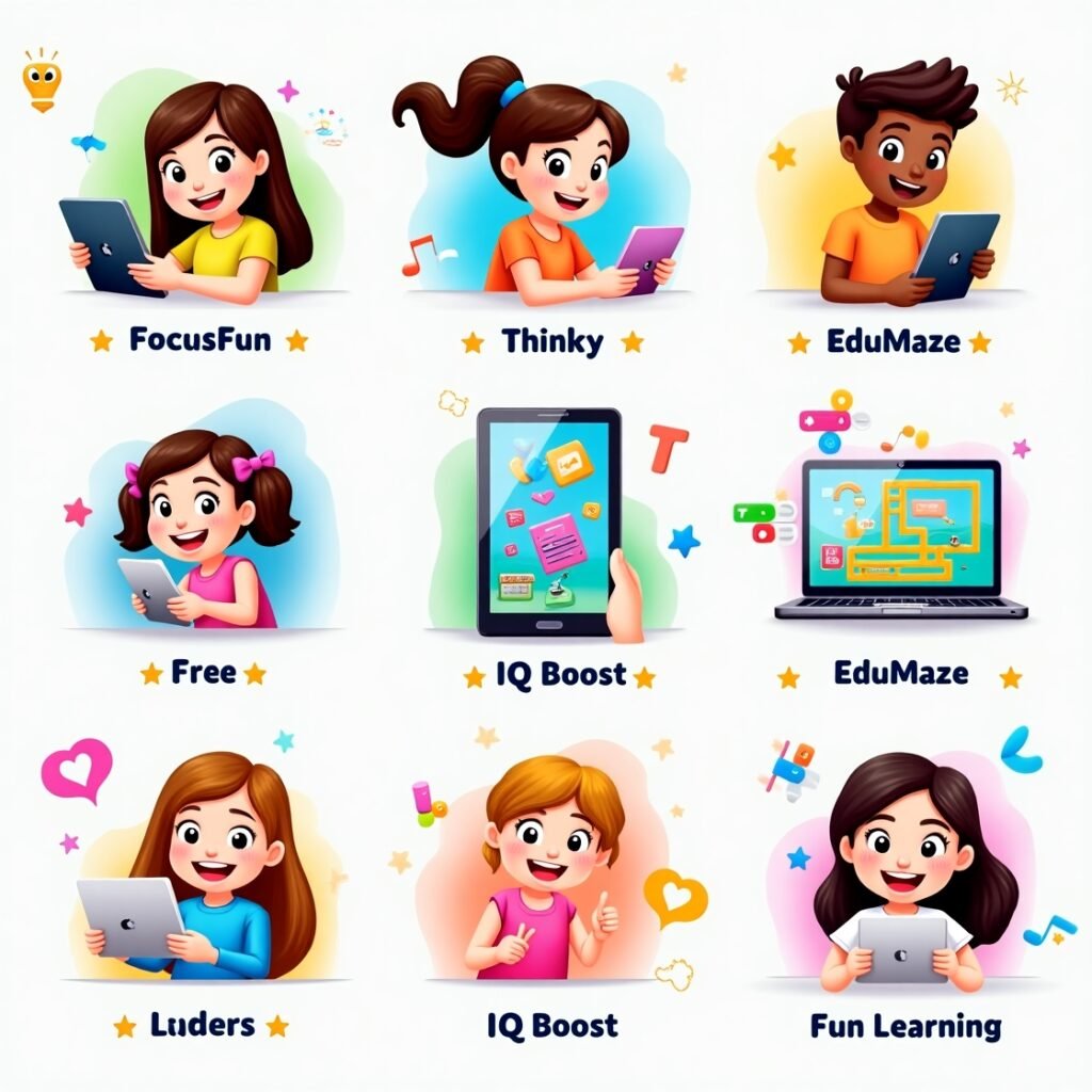 Illustration of best free brain games apps for kids with fun and learning UI.