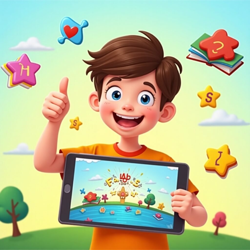 Smiling child holding tablet with FocusFun educational games and floating learning icons
