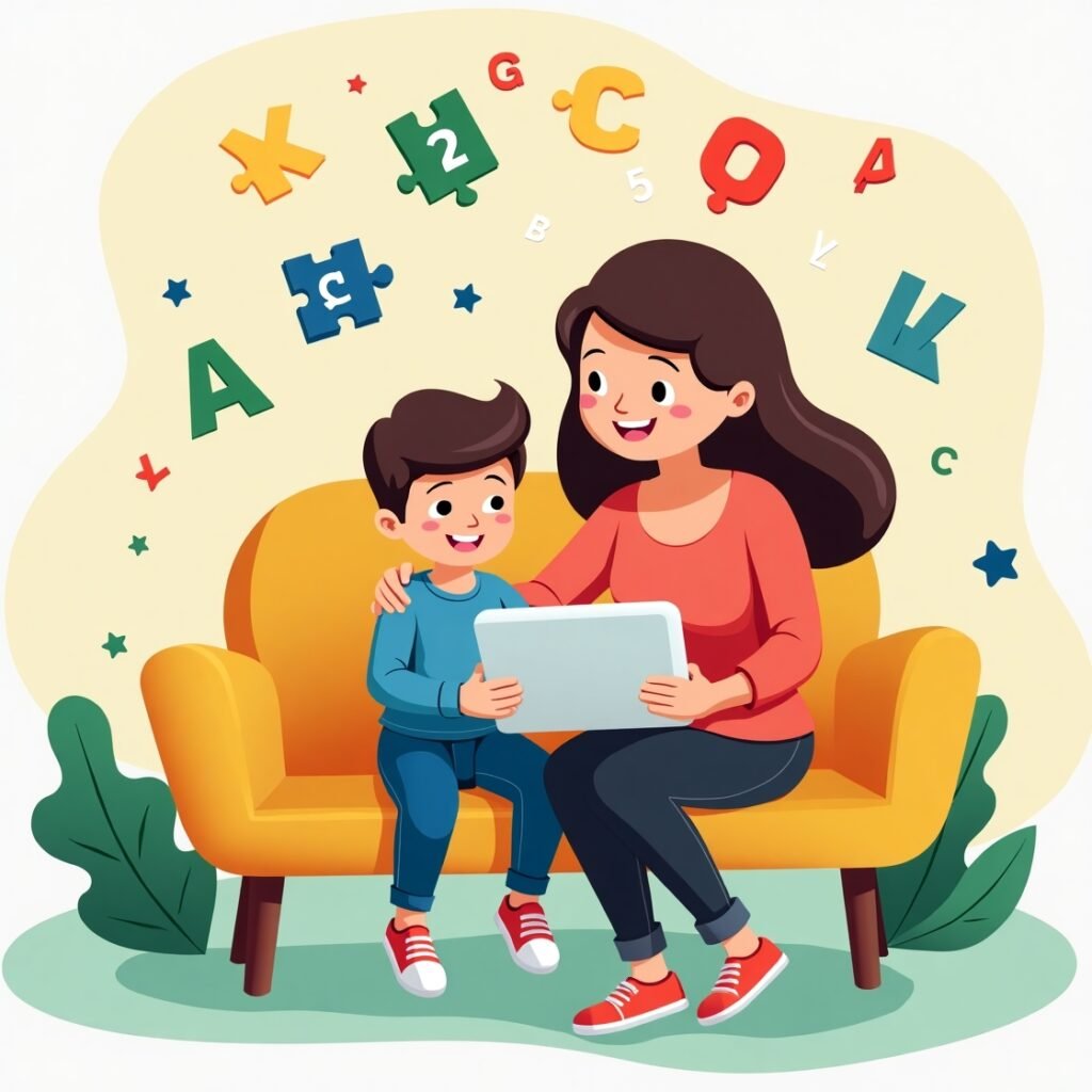 Mother and child enjoying FocusFun educational games on tablet