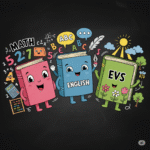 Class 1 subjects chalkboard illustration with Math, English, and EVS