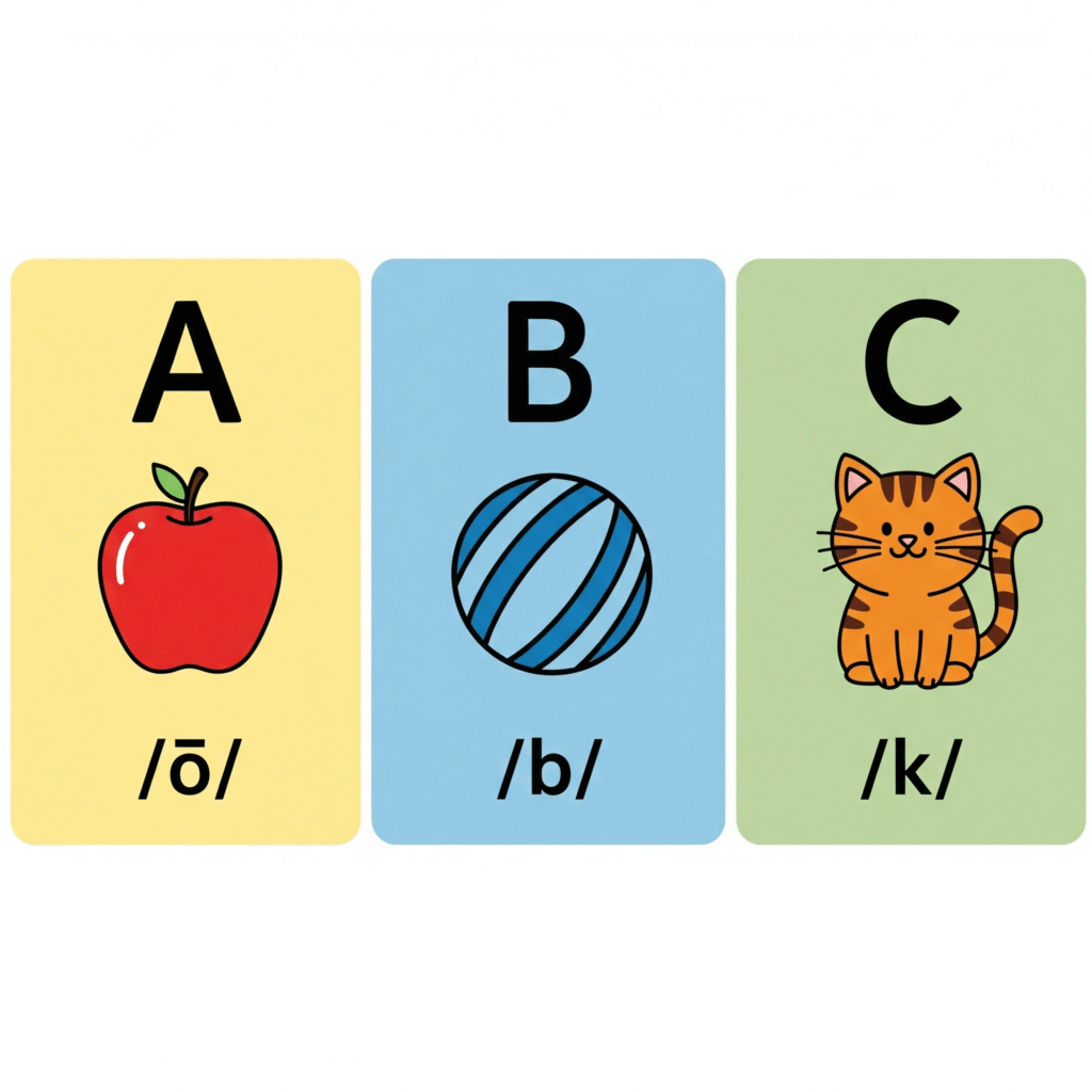 Alphabet sound flashcards showing A apple, B ball, C cat