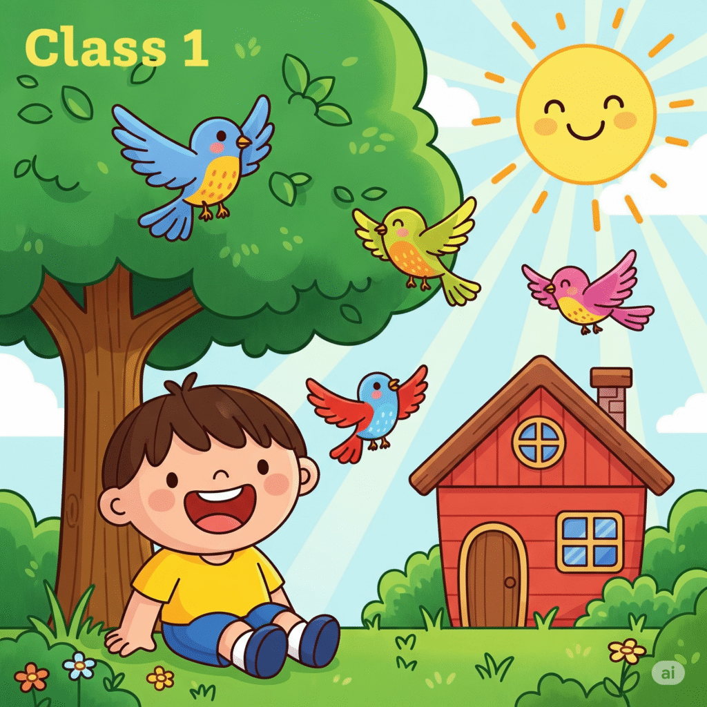 Happy child sitting under a tree near a red house, enjoying nature – Class 1 English poem illustration.