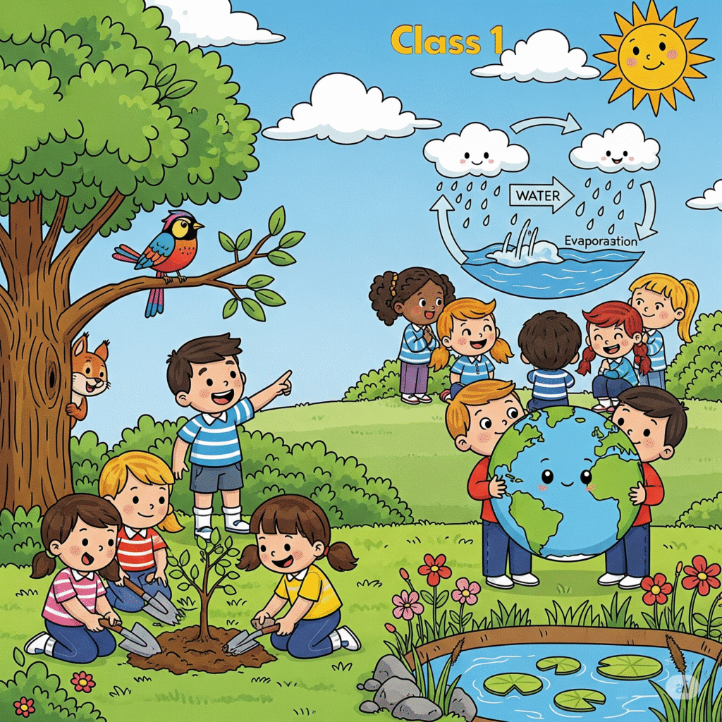 Bright and playful scene of Class 1 children exploring the environment – planting trees, looking at animals, learning about seasons, sun, water, and nature. Illustration should include trees, birds, water cycle diagram, and Earth globe in cartoon style