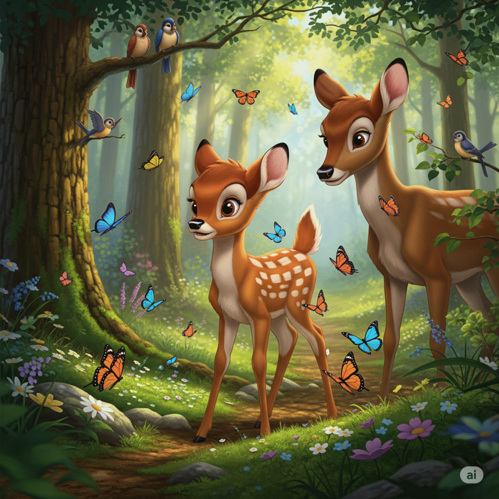 Bambi the little deer enjoying in the forest with friends.