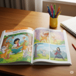 Open Oxford Class 1 English book showing first five chapters.