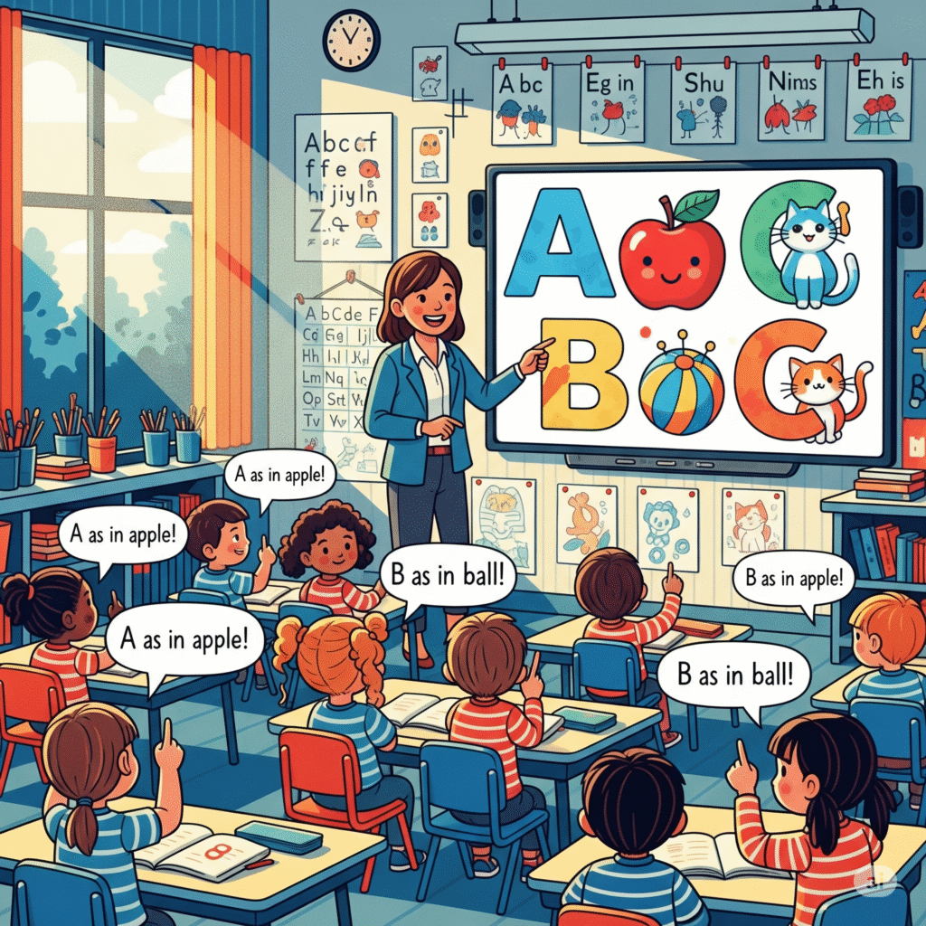 Teacher helping Class 1 students learn phonemic awareness through alphabet sounds like A for apple and B for ball.